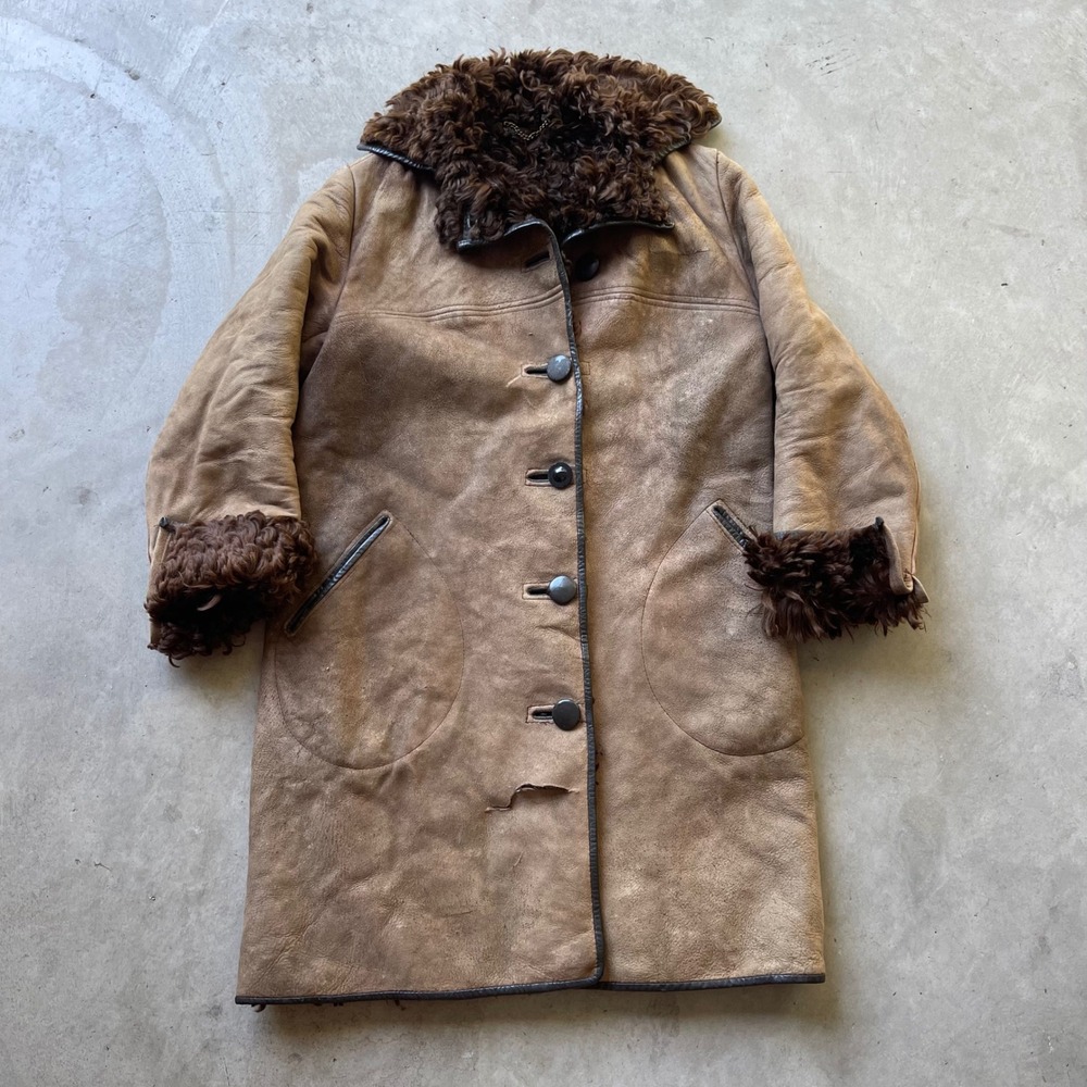 Antartex Lambskin Shearling Coat Tan Brown Suede Button Front Long Jacket